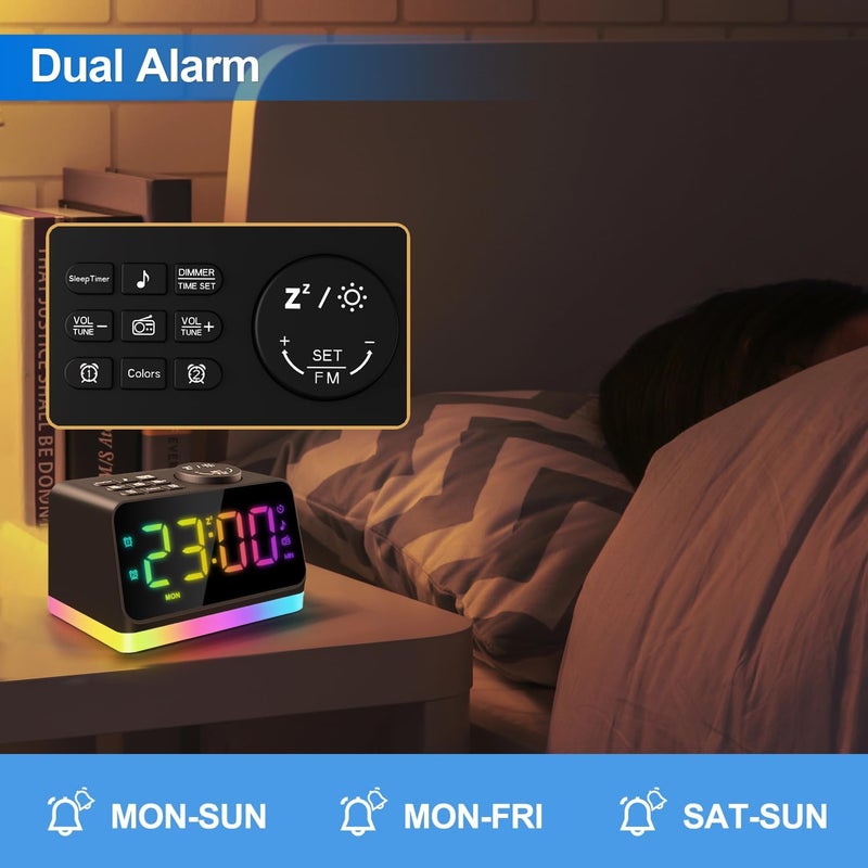 Jall Digital Alarm Clock with FM Radio for Bedroom, 8 Colors Night Light with 2 Charging Port, Sleep Sound Machines with Timer, Dual Alarm, Loud Alarm and Easy to Use for Seniors and Kids as Gift - Image 5